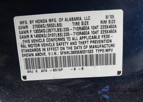 2006 Honda Odyssey Touring из США, поврежденный, VIN 5FNRL38856B001522